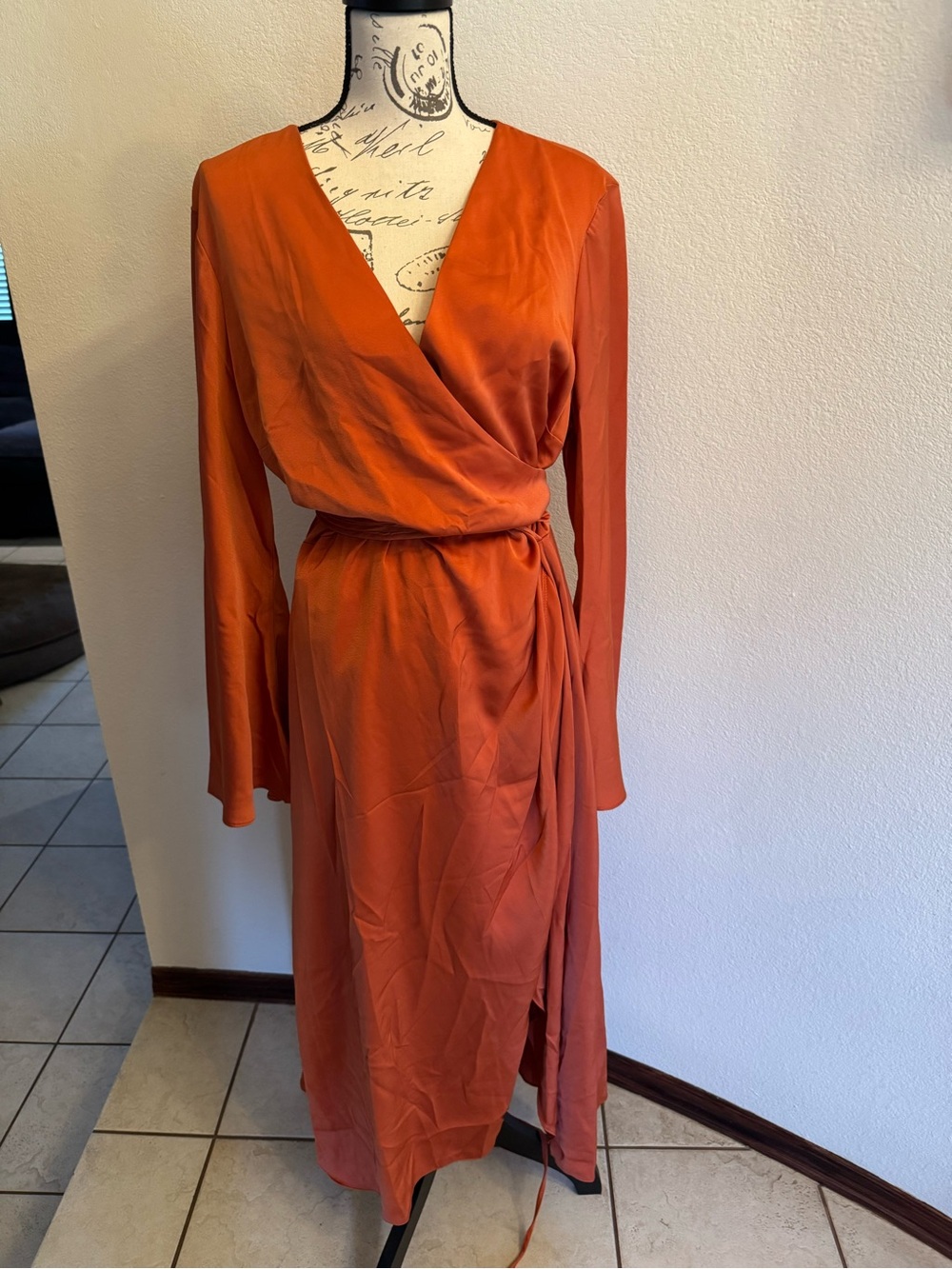 ASOS Rust Orange Wrap Midi Dress with Long Bell Sleeves